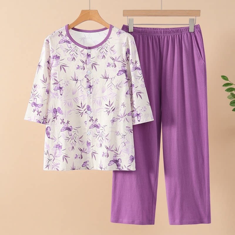 凉感家居服套装女夏季七分袖开衫式薄款九分裤大码睡衣
