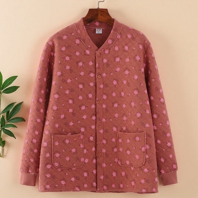 女士三层夹棉保暖上衣老年人前开扣睡衣纯棉开衫宽松大码保暖内衣