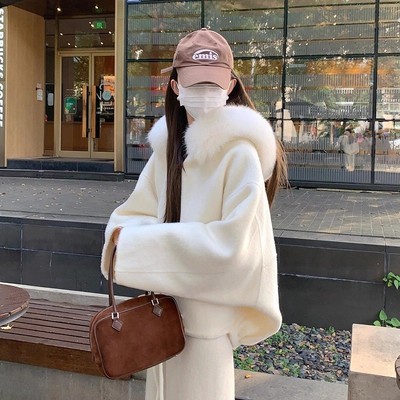 白色连帽毛毛领双面羊毛大衣女冬小个子高级感短款毛呢外套