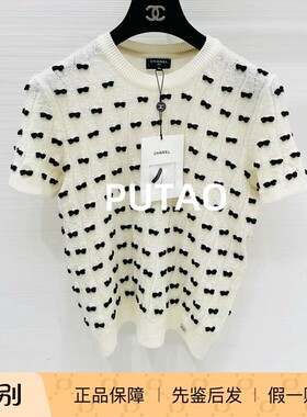 CHANEL/香奈儿 25K黑色圆领蝴蝶结双c套头针织短袖 专柜正品