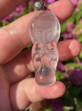 纯天然粉水晶立体手工雕刻莫桑比克粉金沙星光吊坠