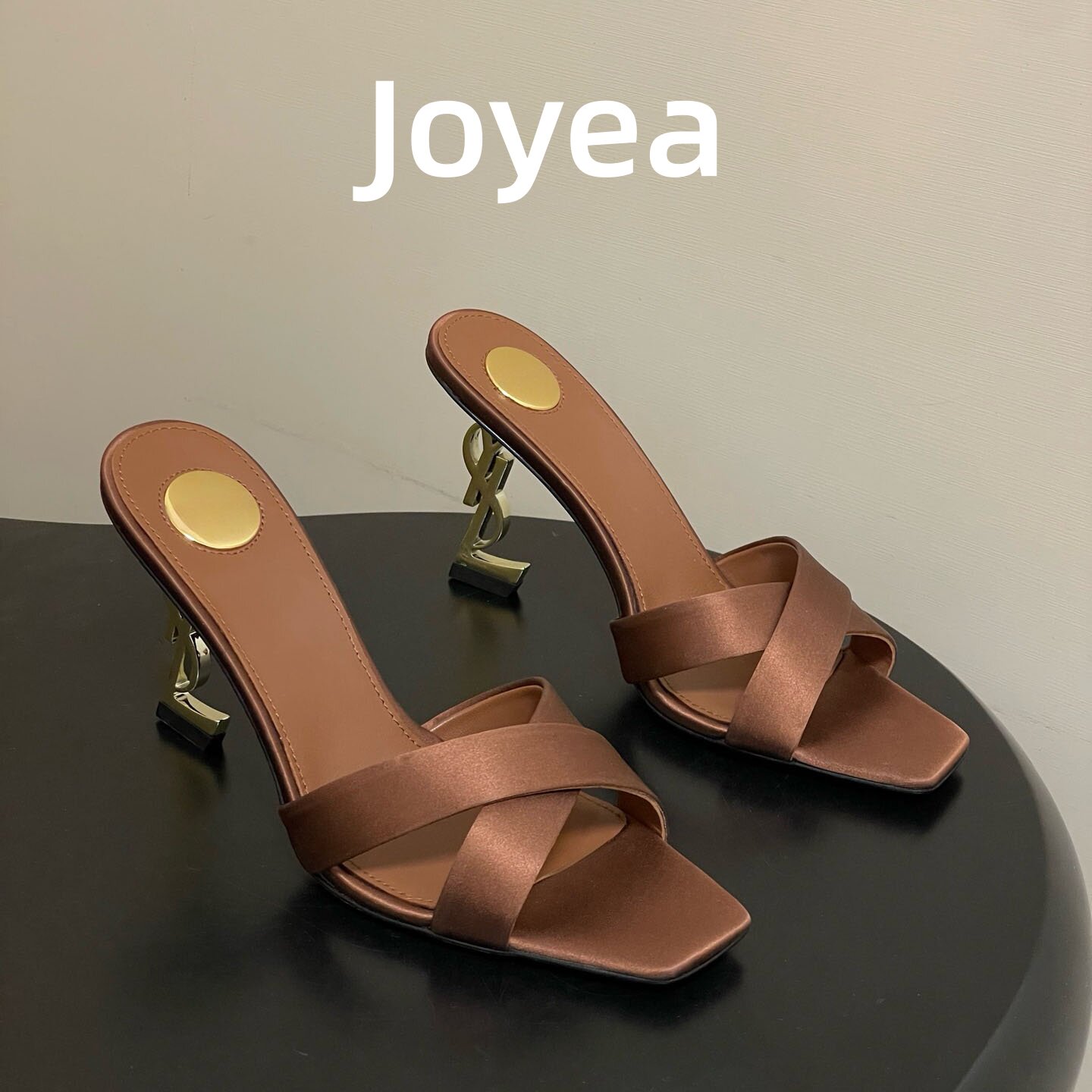 Joyea卓雅/高级时髦金属高跟女鞋26FW方头交叉带性感露趾真丝凉鞋