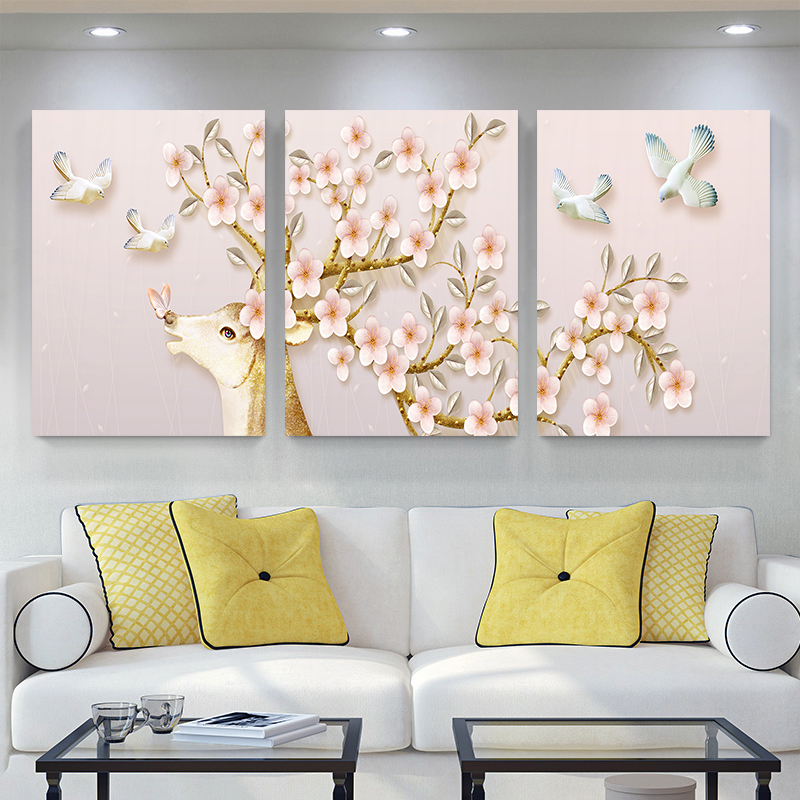 北欧风装饰画抽象发财鹿挂画简欧客厅三联壁画创意个性竖版餐厅画图片