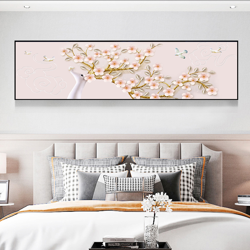 现代简约卧室装饰画中式单幅横幅麋鹿床头画主卧房间墙画壁画挂画图片