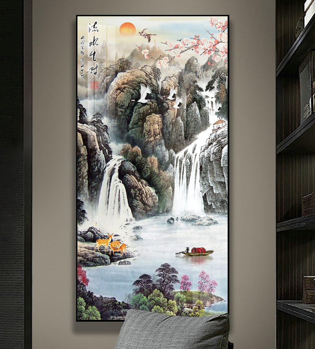 新中式玄关装饰画走廊过道竖版挂画入户寓意好客厅高山流水风景画