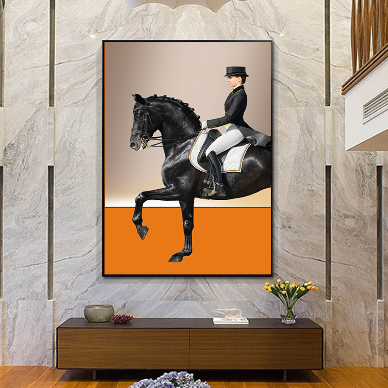 轻奢骏马客厅装饰画入户玄关高档大堂酒店挂画现代艺术高级感壁画