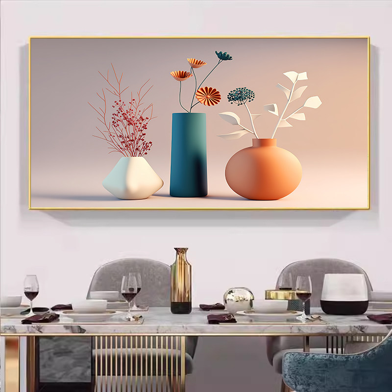 餐厅装饰画轻奢高级感大气餐桌饭厅挂画现代简约新款花瓶厨房壁画