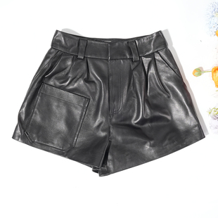 2025秋季设计高腰真皮短裤女士高级全绵羊皮阔腿裤纯色通勤休闲裤
