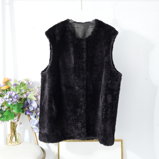 2025秋冬圆领真皮毛一体马甲女士加绒加厚背心马夹坎肩外套夹克