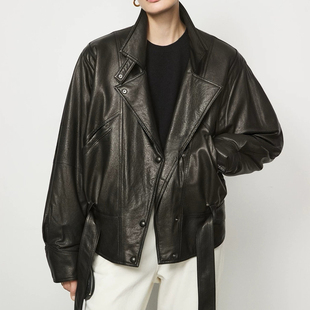 2026春高级系带收腰显瘦真皮皮衣女绵羊皮夹克通勤休闲机车短外套