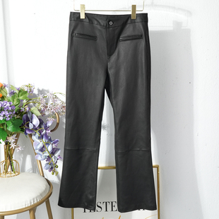 进口100%真皮绵羊皮弹力皮裤女2025秋冬通勤修身微喇叭裤九分长裤