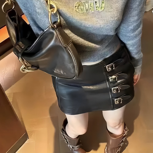 高级设计感真皮半身裙女绵羊皮裙2026春防走光a字短裙机车包臀裙
