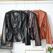 2026春收腰圆领真皮蝴蝶结皮衣女绵羊皮夹克通勤休闲气质短外套