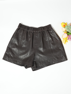 2024秋季松紧腰真皮短裤女士全绵羊皮阔腿裤小个子a字皮裤