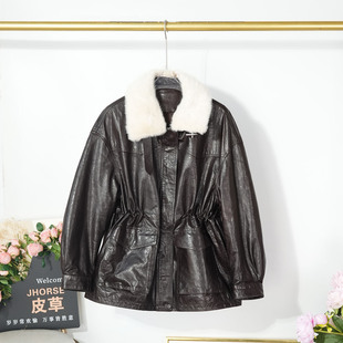 进口水貂毛领真皮油蜡皮羽绒服女中长款收腰保暖风衣羊皮鹅绒外套
