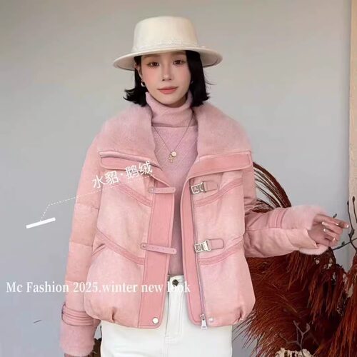 2026欧货冬季新款水貂大毛领保暖短款白鹅绒皮草羽绒服女百搭潮