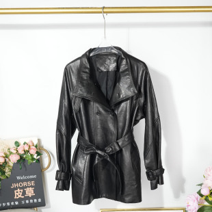 2026春季 系带收腰高级真皮皮衣女士羊皮夹克通勤休闲双排扣外套