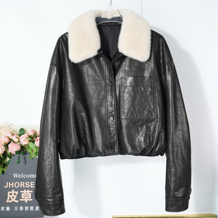 2025冬季水貂毛领真皮皮衣女士绵羊皮羽绒外套通勤休闲短款夹克衫