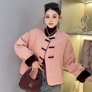 拼色真水貂毛新中式亚麻鹅绒服皮草羽绒服女2025保暖短外套欧货