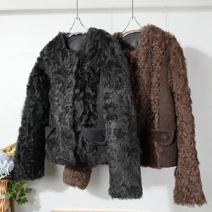 小湖羊真皮皮毛一体女口袋2025冬高端胎羊毛皮草女大衣短毛毛外套