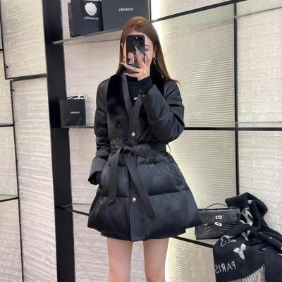 2025季高端水貂毛V领系带收腰羽绒服女士鹅绒外套面包服厚大衣