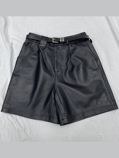 2024年新款秋季系带高腰绵羊皮短裤女士百搭纯色真皮a字阔腿裤子