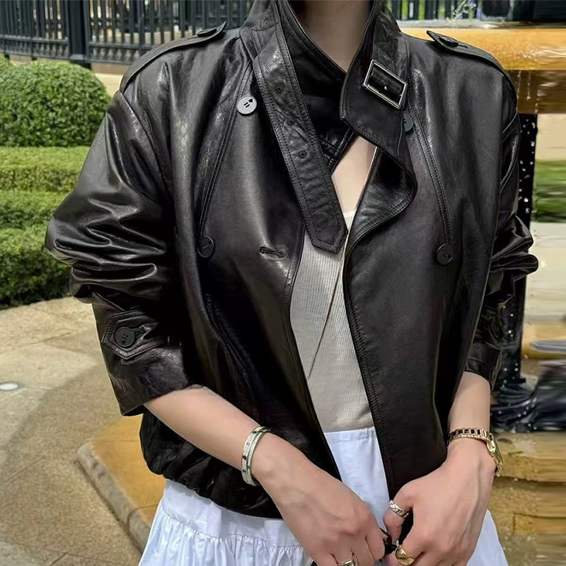 欧货进口赫本油蜡羊皮机车真皮绵羊皮短外套女2025春秋宽松皮夹克
