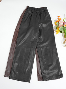 2024秋季松紧腰直筒真皮长裤女士修身裤子通勤休闲裤纯色绵羊皮裤