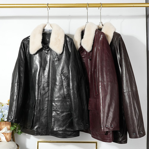 进口水貂毛领油蜡绵羊皮鹅绒服外套2025冬高端真皮羽绒服女中长款