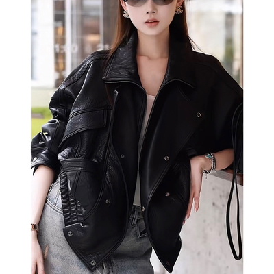 进口自然泡绵羊皮外套男女杨树林2025秋欧美高级机车真皮夹克皮衣