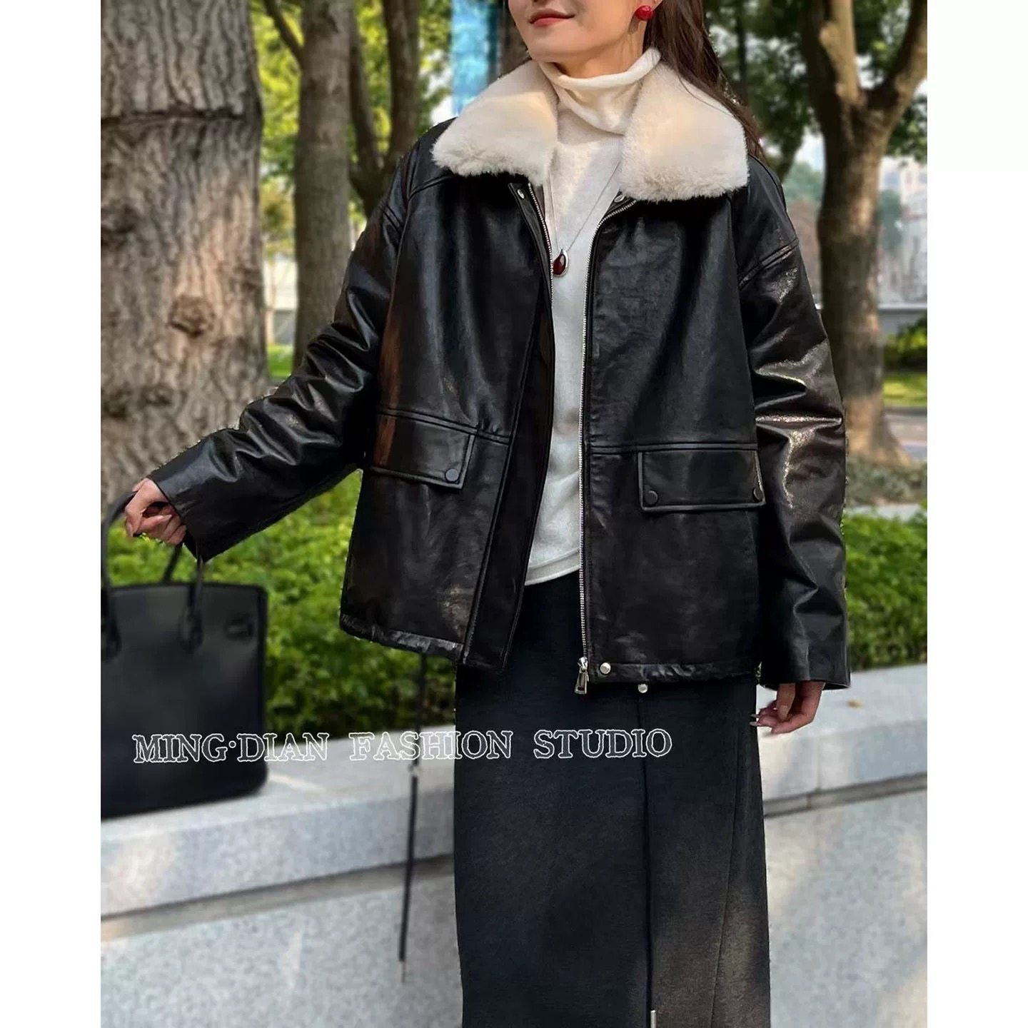 2025冬季高级水貂毛领真皮羽绒服女士绵羊皮鹅绒夹克面包服短外套