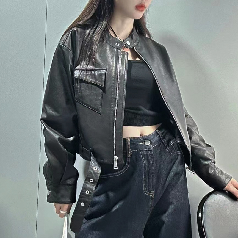 头层真皮绵羊皮皮衣女机车服痞帅皮夹克欧洲站2024秋新款短款外套