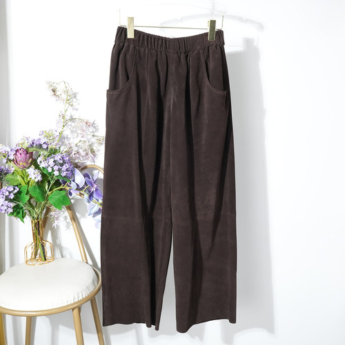 头层小羊皮绒面真皮皮裤女2025秋松紧腰高级反绒皮直筒裤阔腿长裤