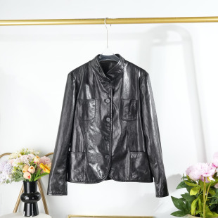 2026春季 立领真皮皮衣女士高级绵羊皮夹克通勤休闲短外套 宽松中式