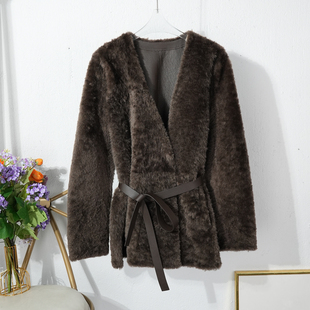 2025冬季气质V领真羊皮毛一体女士拉贡皮草外套系带收腰整皮大衣