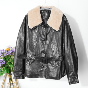 2025冬季高级羊羔毛领真皮羽绒服女士系带收腰鹅绒外套绵羊皮夹克