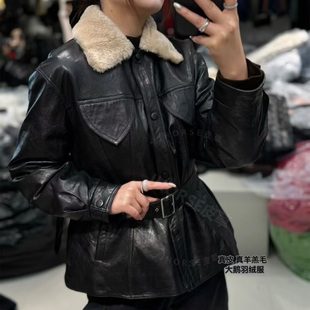 2025冬季羊羔毛领真皮鹅绒羽绒服女士绵羊皮面包服系腰带夹克外套