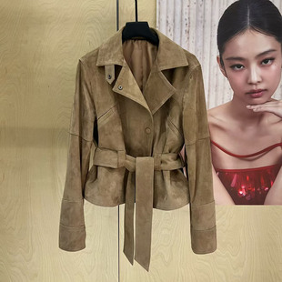 进口混种山羊反绒皮2026秋系带收腰西装领真皮皮衣女通勤外套