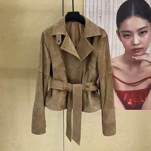 进口混种山羊反绒皮2026秋系带收腰西装领真皮皮衣女通勤外套