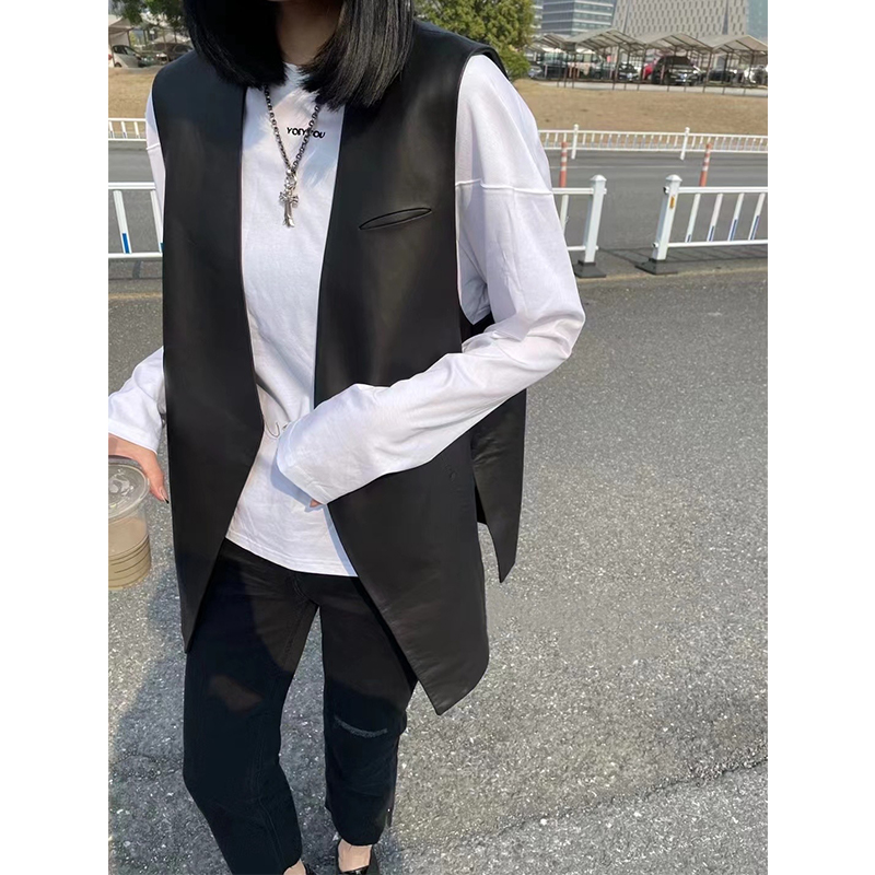2025年欧洲站新款真皮绵羊皮马甲女宽松休闲中长款马夹春秋无袖潮