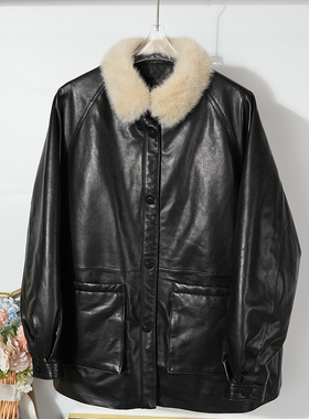 水貂毛领绵羊皮鹅绒羽绒服女士宽松显瘦遮肉2025机车夹克外套