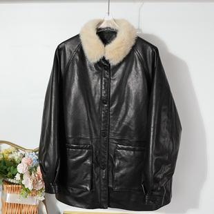 水貂毛领绵羊皮鹅绒羽绒服女士宽松显瘦遮肉2025机车夹克外套