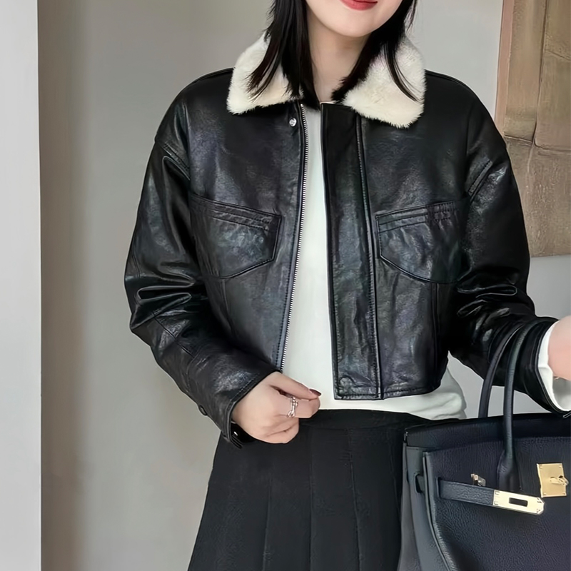 进口水貂毛领真皮绵羊皮羽绒服外套女短款2024冬季新款皮草鹅绒服