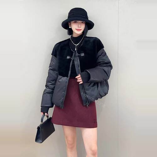 羊羔毛皮毛一体拼接鹅绒皮草羽绒服外套女2024冬真皮真毛轻奢短款