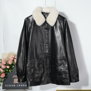 2025冬进口水貂毛领油蜡绵羊皮羽绒服女中长款真皮鹅绒保暖外套