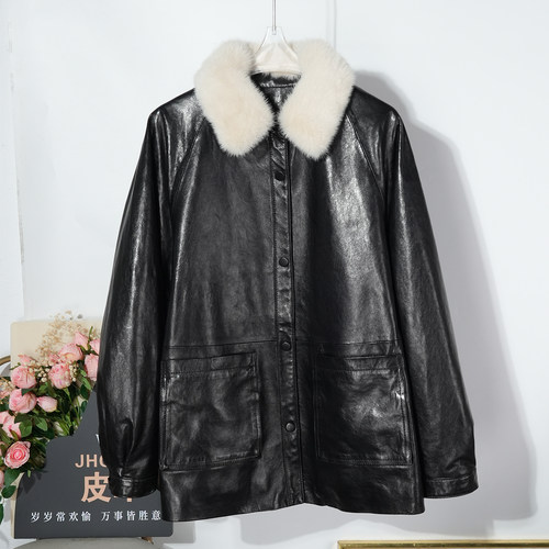 2025冬进口水貂毛领油蜡绵羊皮羽绒服女中长款真皮鹅绒保暖外套