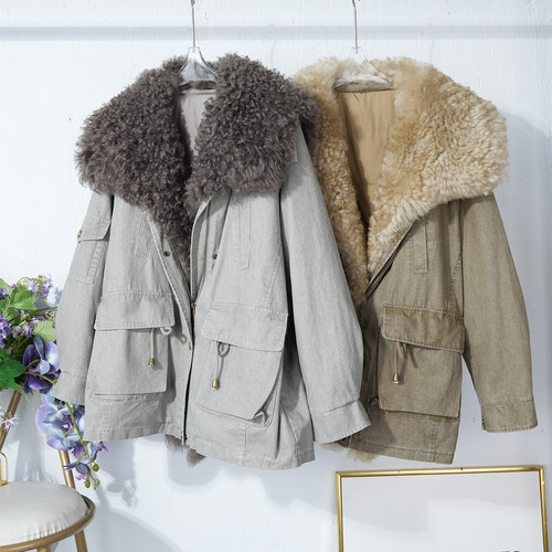 2025冬季羊皮毛领羽绒服女士鹅绒外套美式休闲面包服宽松工装大衣