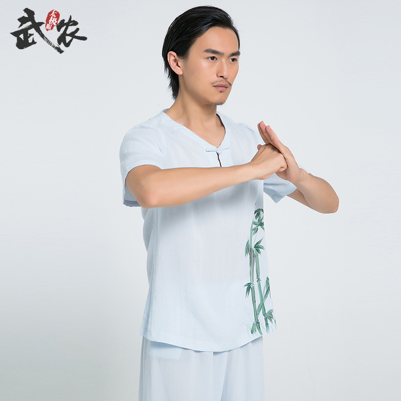 夏季新款 手绘亚麻武术练功汉服纽扣领太极服男士长袖运动套装