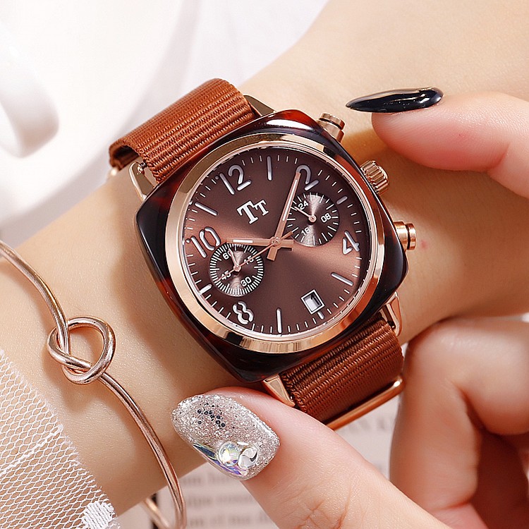 TT同款潮流个性女士多功能手表帆布表带日历女表时尚石英国产腕表