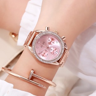 新款 国产腕表 大红表盘石英表满钻钢带手表女时尚 古欧手表圆形个性